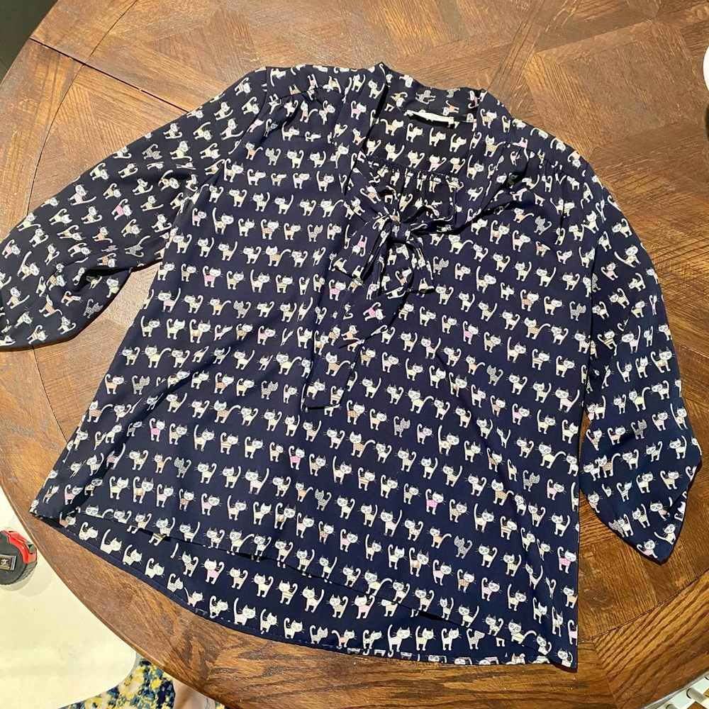 Navy Cat Print Blouse